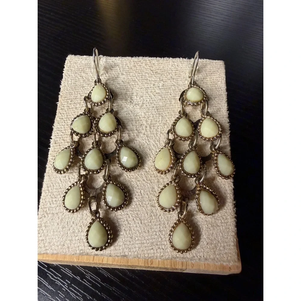 Vintage Style Cream Teardrop Chandelier Earrings Antiqued Silver Tone Boho Drop